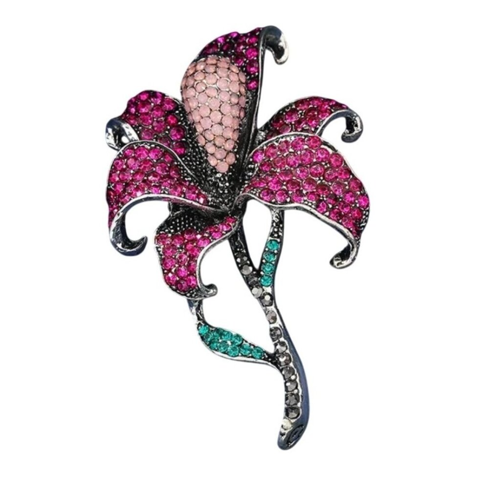 Bright Pink Flower Brooch with Crystals Silver Tone